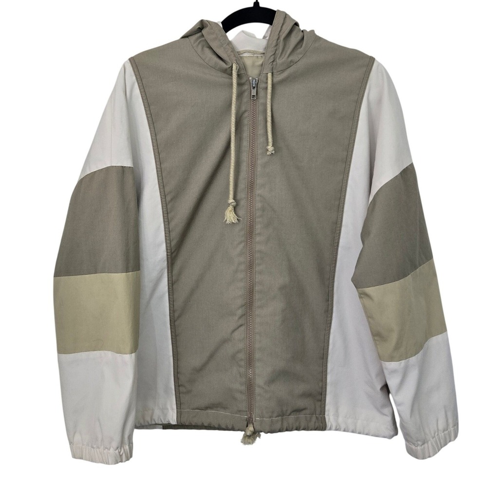 Vintage 90s Club Style Color Block Hooded Jacket Zip Earth Tone Made in‎ Romania